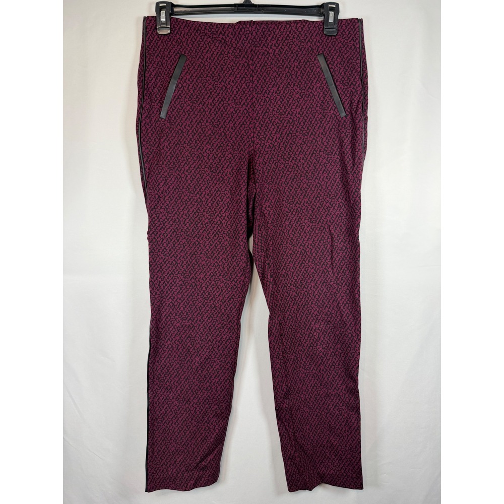Chicos Burgundy Black Textured Print Ankle Pants Faux Leather Trim Size 1.5 10
